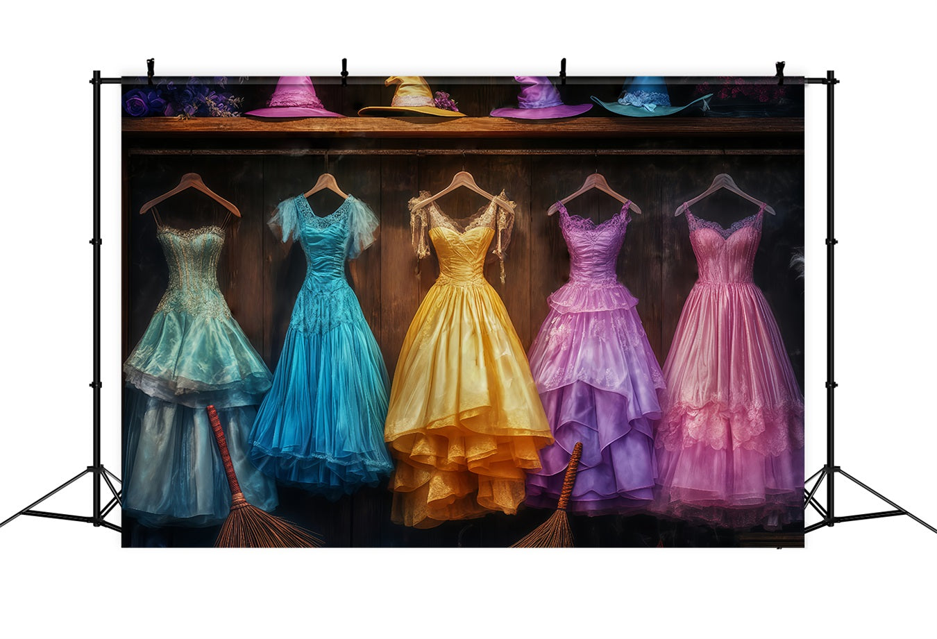 Fond Photo Halloween Robes Colorées De Sorcières Avec Chapeaux Et Balais Assortis TWW58-29