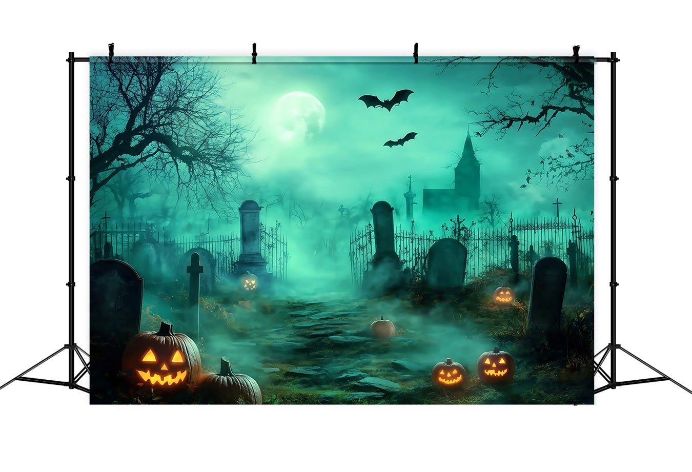 Toile De Fond Halloween Chemin Brumeux Cimetière Avec Citrouilles Lumineuses TWW58-30