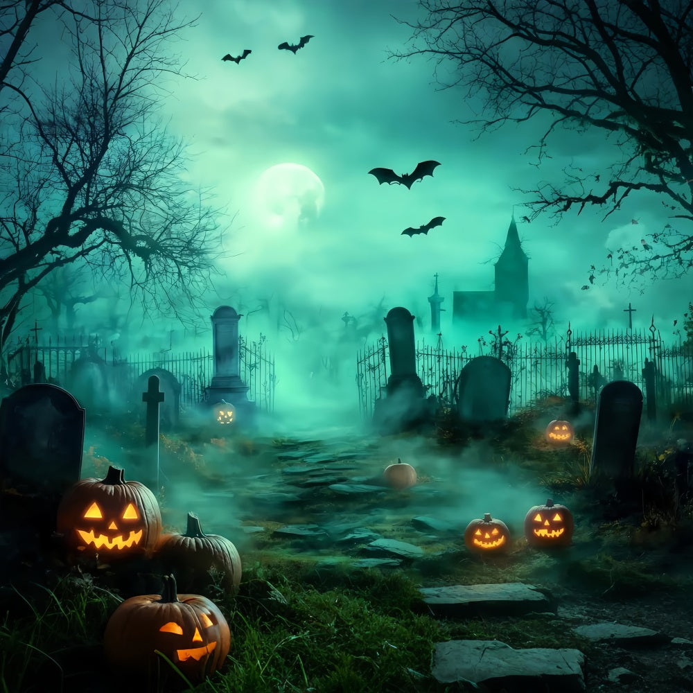 Toile De Fond Halloween Chemin Brumeux Cimetière Avec Citrouilles Lumineuses TWW58-30