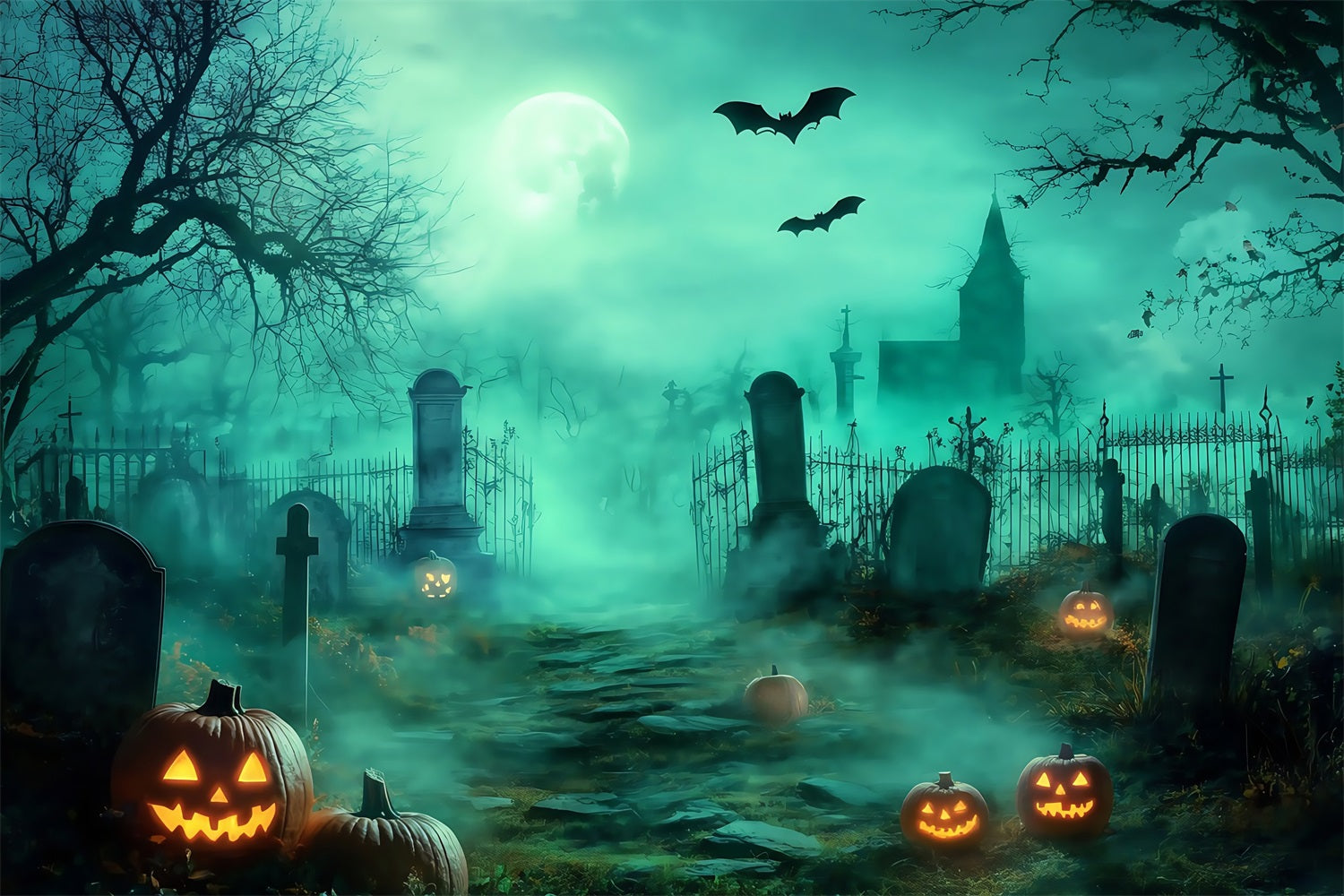 Toile De Fond Halloween Chemin Brumeux Cimetière Avec Citrouilles Lumineuses TWW58-30