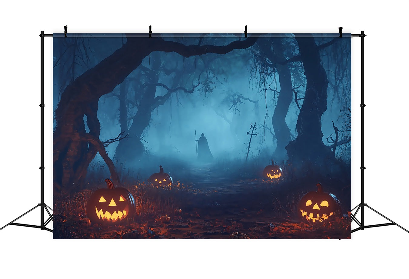Fond Studio Halloween Cimetière Illuminé Citrouilles Forêt Hantée Figure Mystérieuse TWW58-32