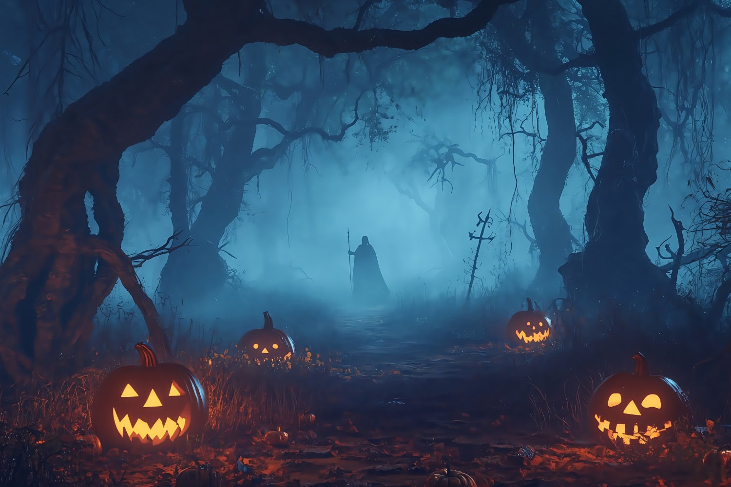 Fond Studio Halloween Cimetière Illuminé Citrouilles Forêt Hantée Figure Mystérieuse TWW58-32