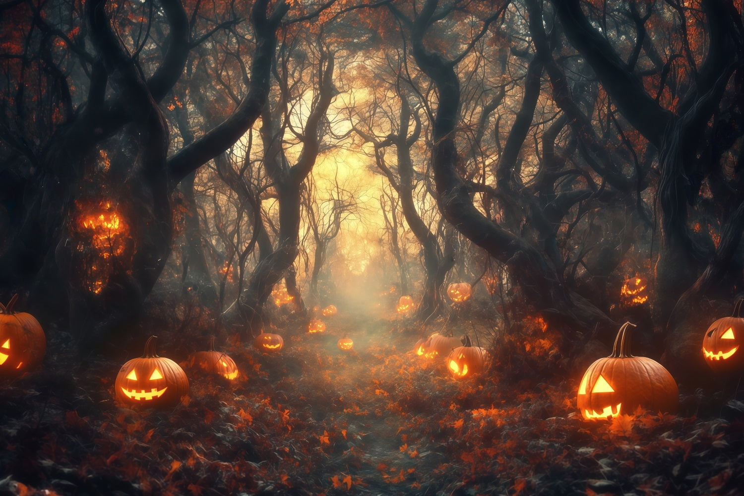 Toile De Fond Photo Halloween Chemin Forêt Citrouilles Illuminées TWW58-33