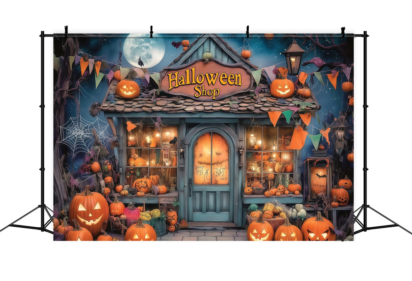 Fond De Photo Halloween Vitrine Boutique Hantée Remplie De Citrouilles TWW58-34