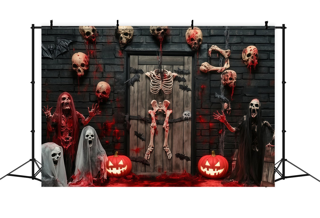 Toile Photo Halloween Porte De Garage Squelettes Sanglants Et Crânes Porte Hantée TWW58-35