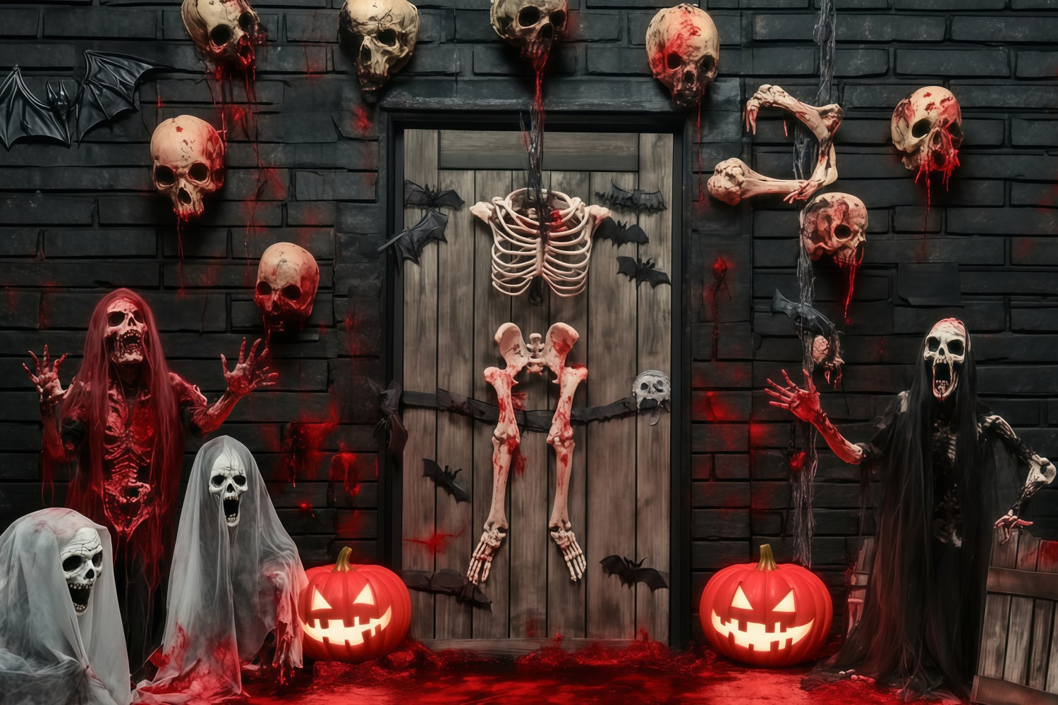 Toile Photo Halloween Porte De Garage Squelettes Sanglants Et Crânes Porte Hantée TWW58-35