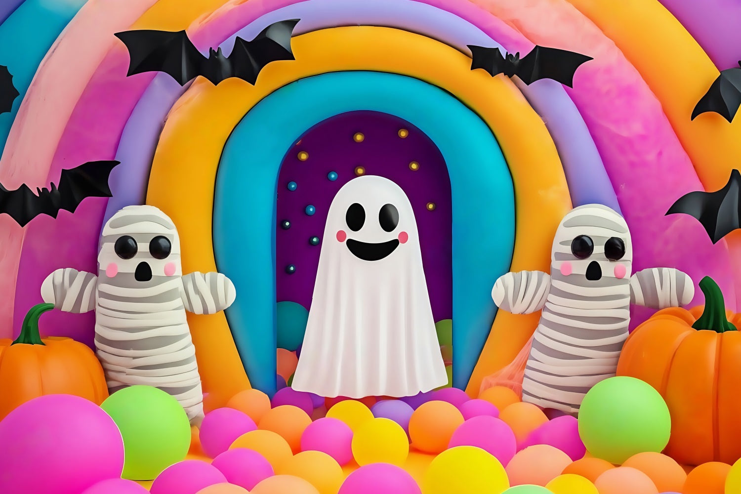 Fond Photo Halloween Mur Fantôme Arc-En-Ciel Et Momie Colorés Effrayants TWW58-36