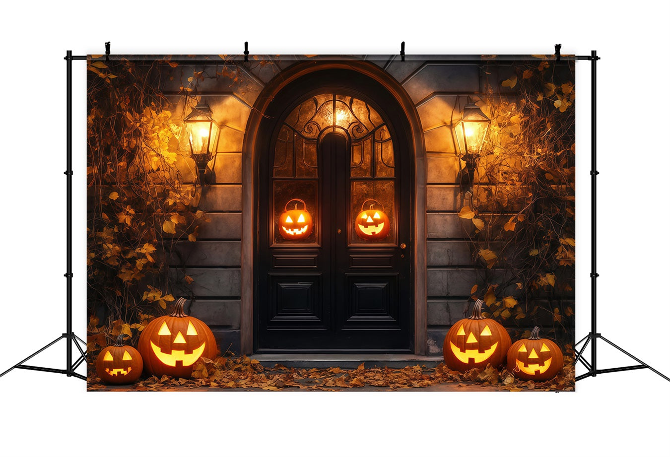 Toile De Fond Halloween Porte De Garage Citrouilles Illuminées Entrée Rustique Effrayante TWW58-37
