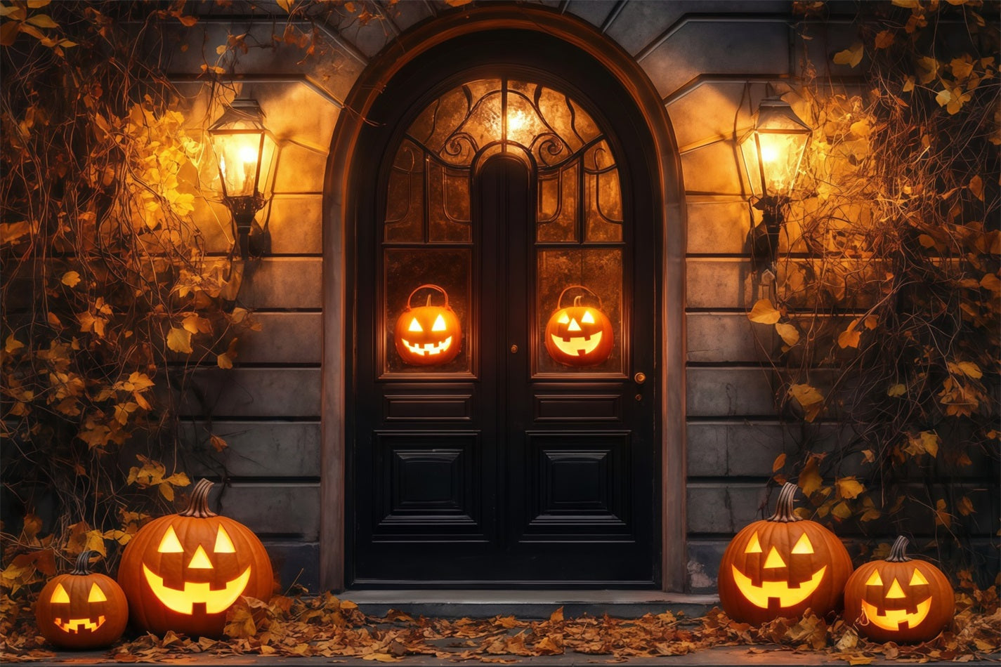 Toile De Fond Halloween Porte De Garage Citrouilles Illuminées Entrée Rustique Effrayante TWW58-37