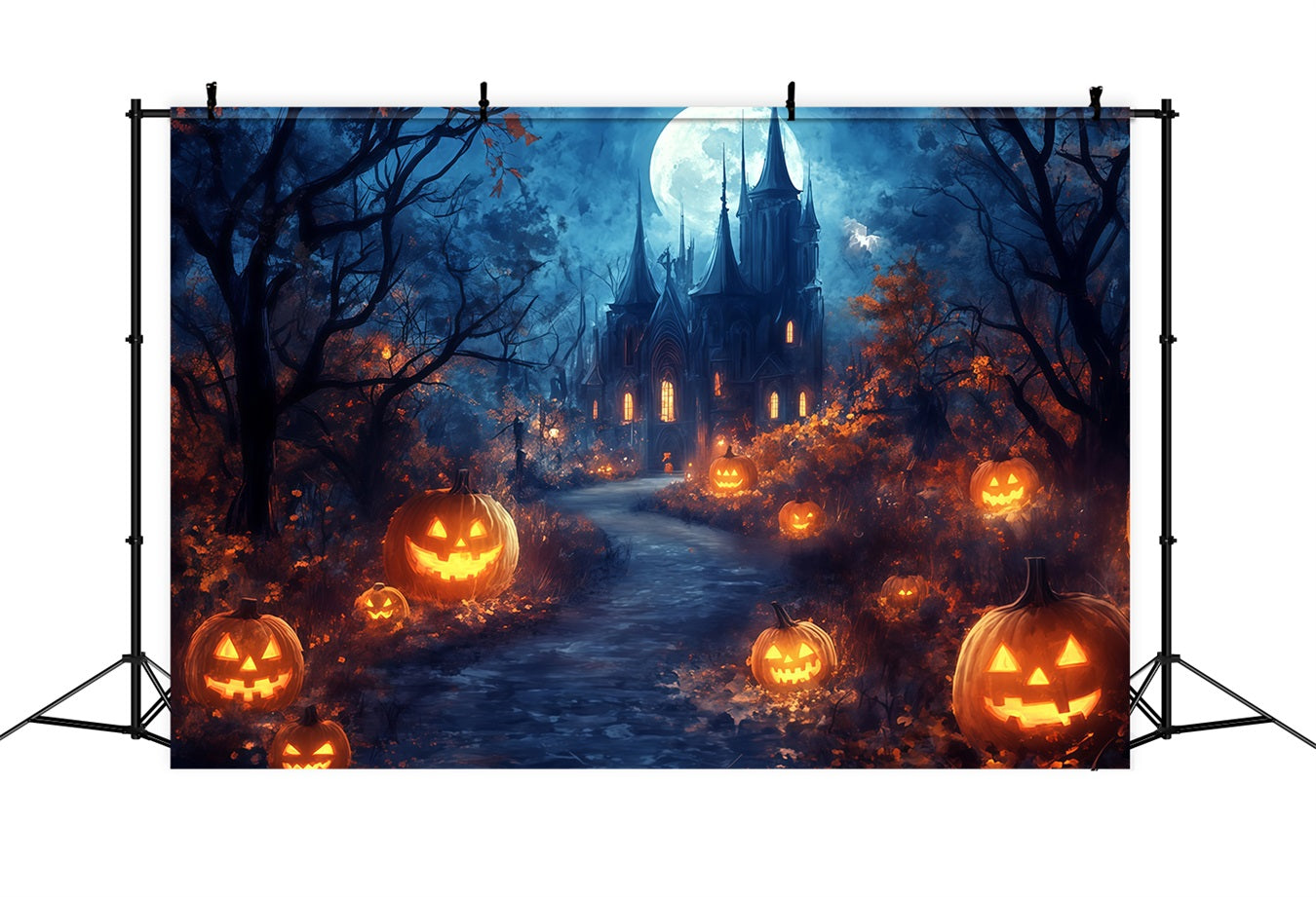 Fond Studio Halloween Chemin Au Clair De Lune Vers Château De Citrouilles Hanté TWW58-39