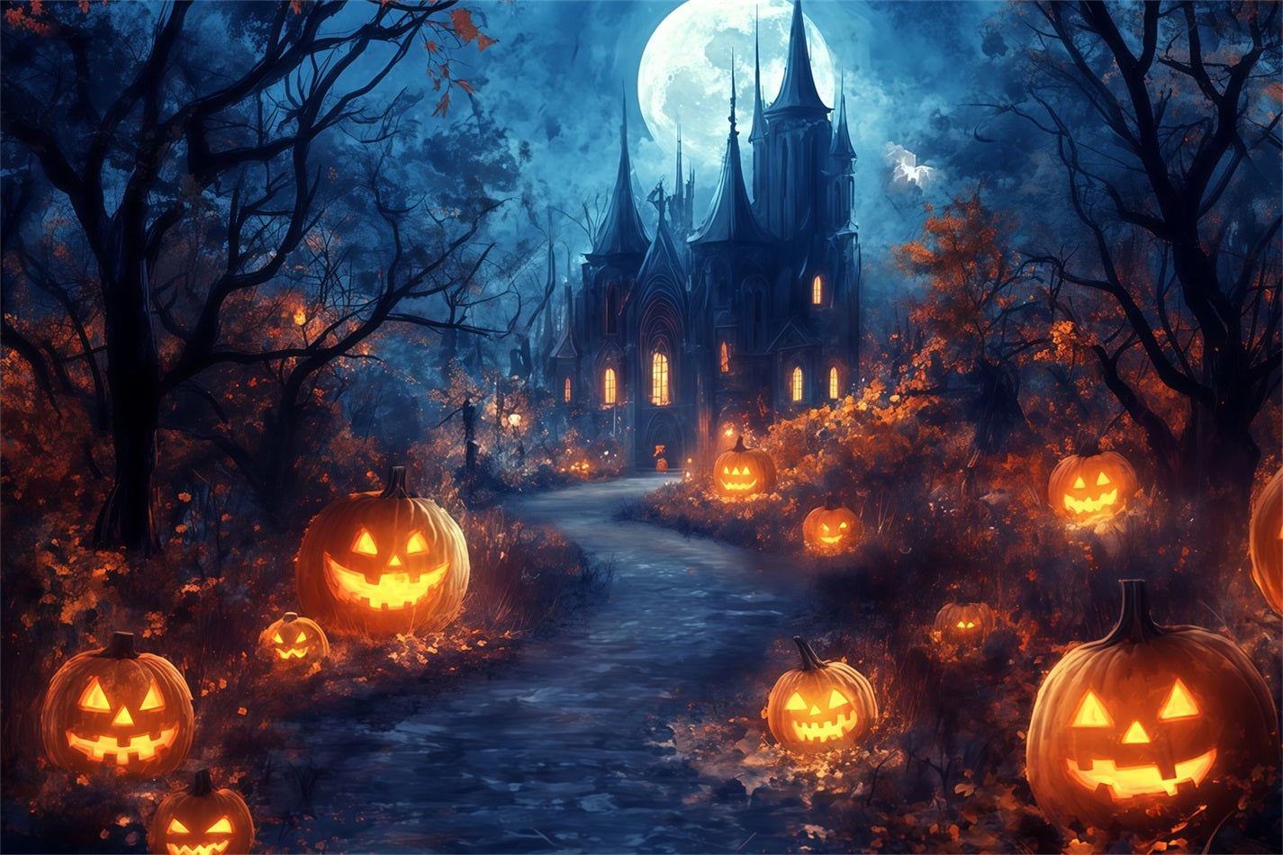 Fond Studio Halloween Chemin Au Clair De Lune Vers Château De Citrouilles Hanté TWW58-39