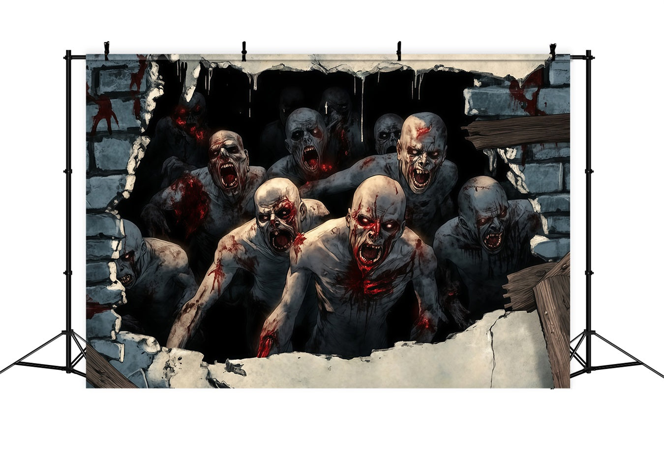Toile De Fond Photo Halloween Porte De Garage Zombies Assoiffés De Sang Brisant Le Mur TWW58-40