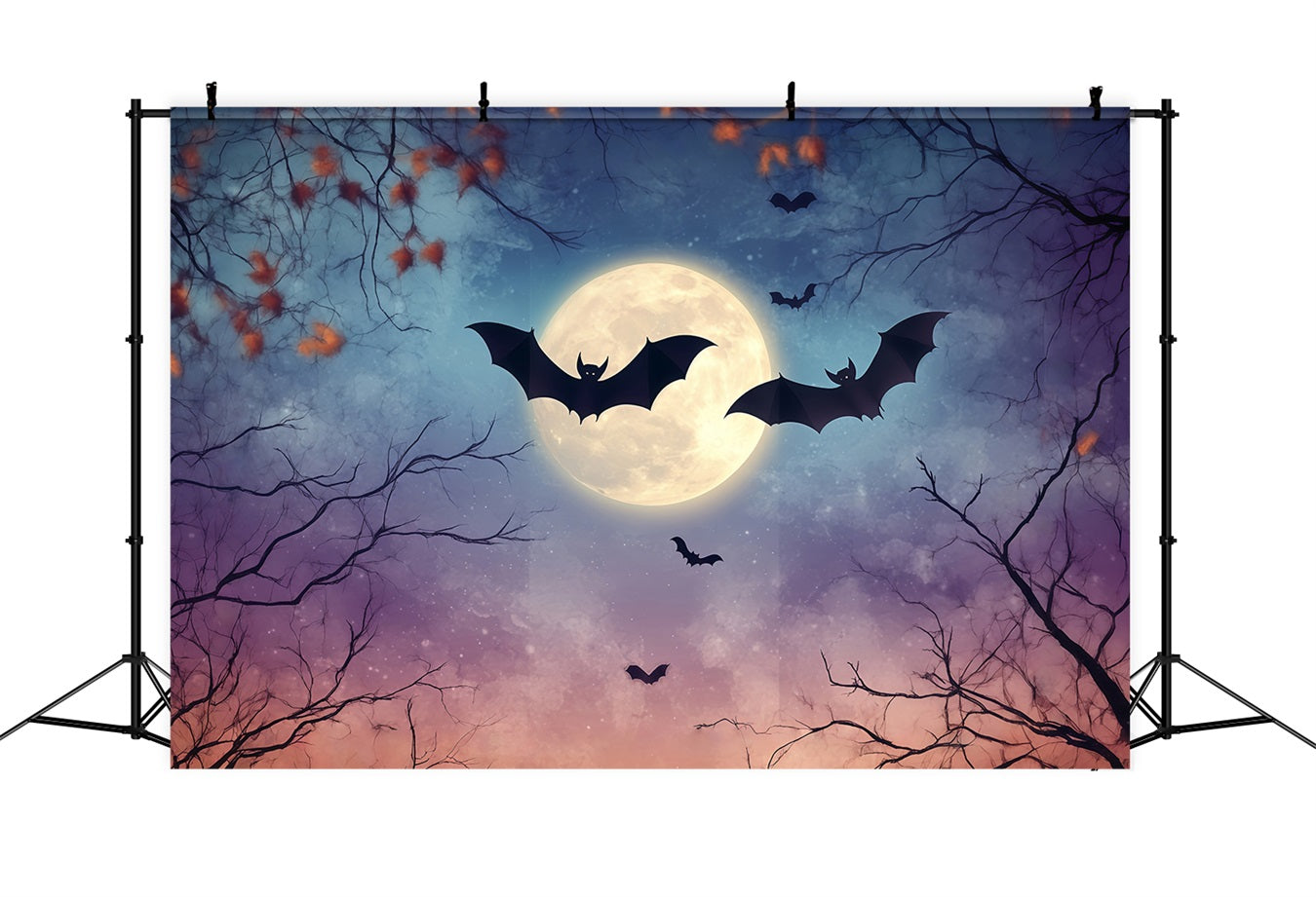 Fond De Photo Halloween Pleine Lune Chauves-Souris Et Branches D’Automne TWW58-41