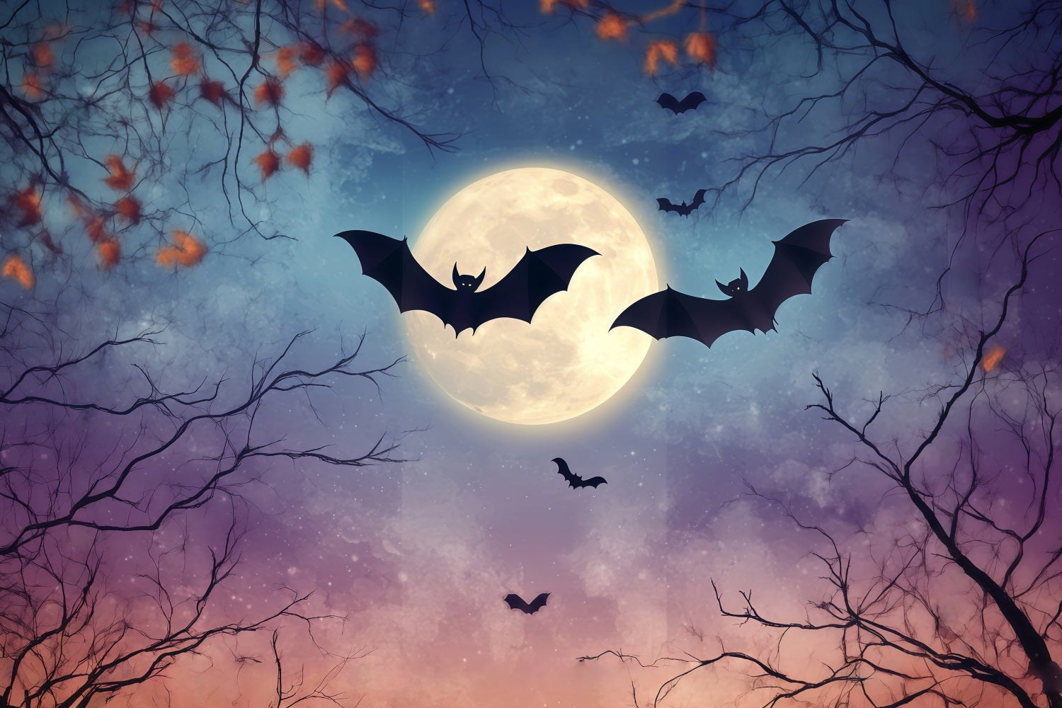 Fond De Photo Halloween Pleine Lune Chauves-Souris Et Branches D’Automne TWW58-41