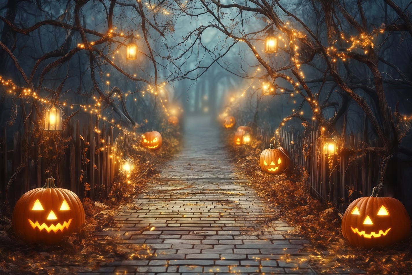 Toile Photo Halloween Allée Citrouilles Illuminées Avec Lanternes TWW58-42