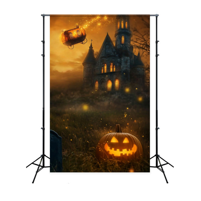 Toile De Fond Halloween Cimetière Carrosse Citrouille Volant Au-Dessus Château Effrayant TWW58-44