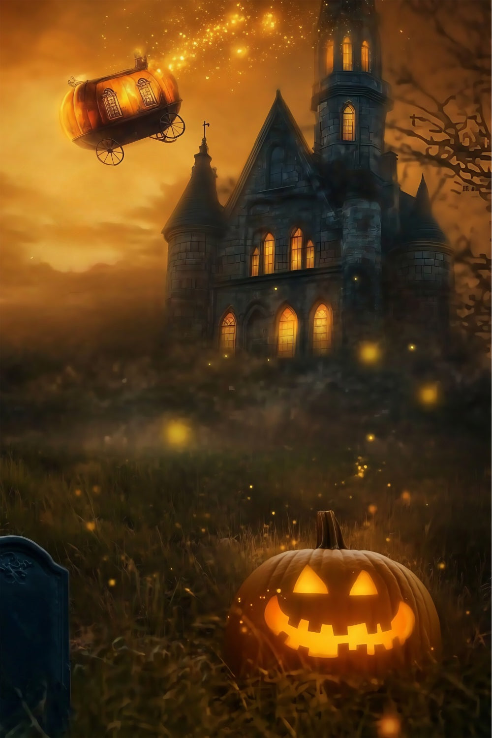 Toile De Fond Halloween Cimetière Carrosse Citrouille Volant Au-Dessus Château Effrayant TWW58-44