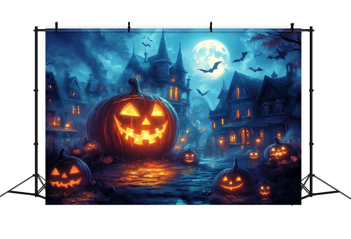Toile Halloween Cimetière Rue Illuminée Citrouilles Sous Pleine Lune TWW58-45