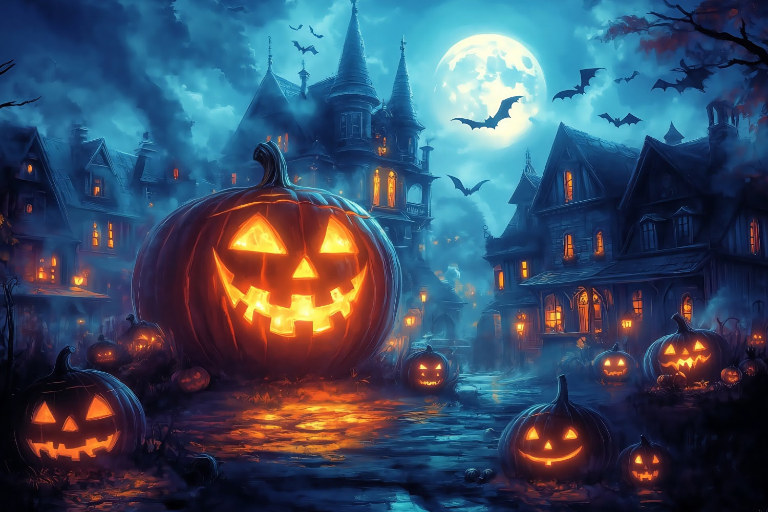 Toile Halloween Cimetière Rue Illuminée Citrouilles Sous Pleine Lune TWW58-45