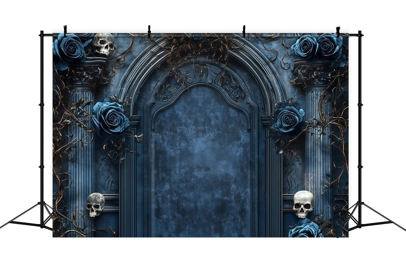 Fond Studio Halloween Porte Gothique Roses Bleues Et Crânes Effrayants TWW58-46