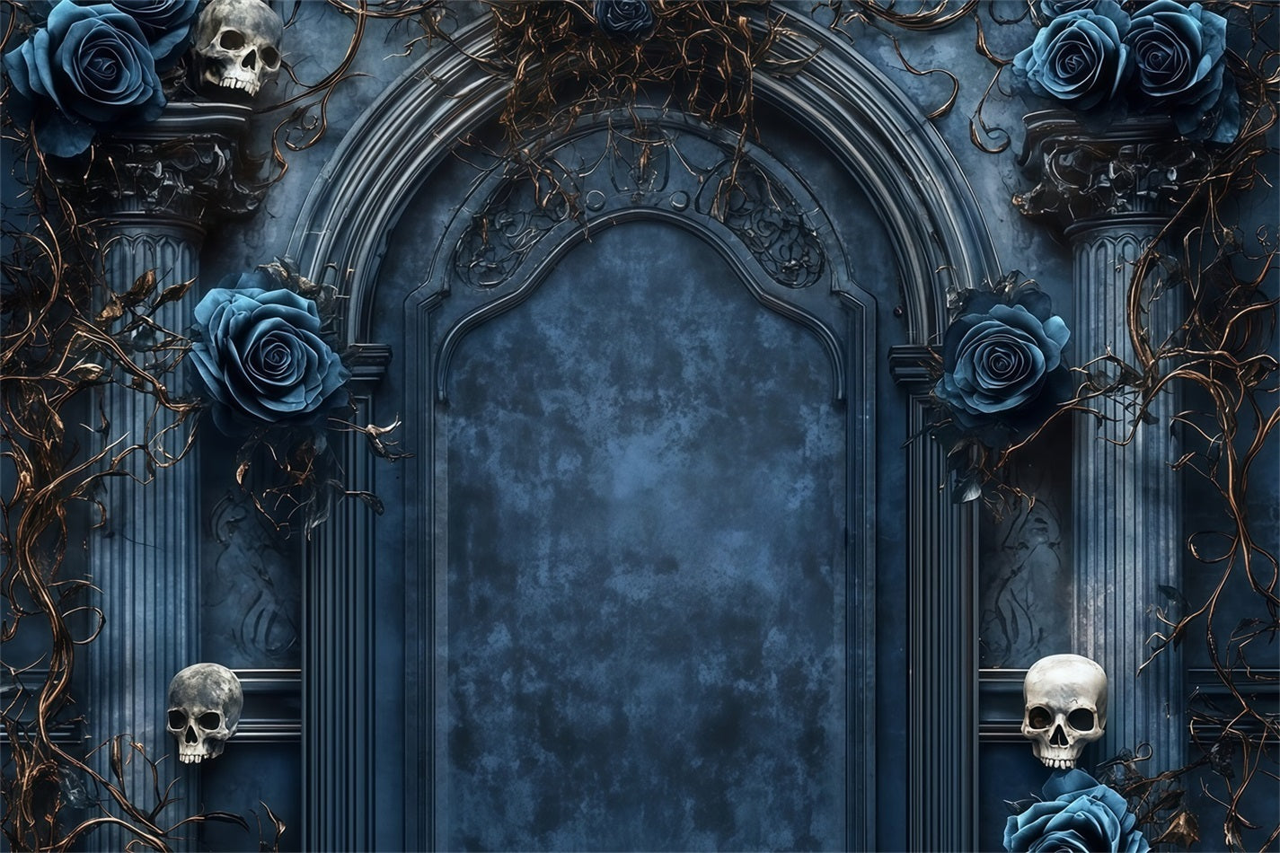 Fond Studio Halloween Porte Gothique Roses Bleues Et Crânes Effrayants TWW58-46