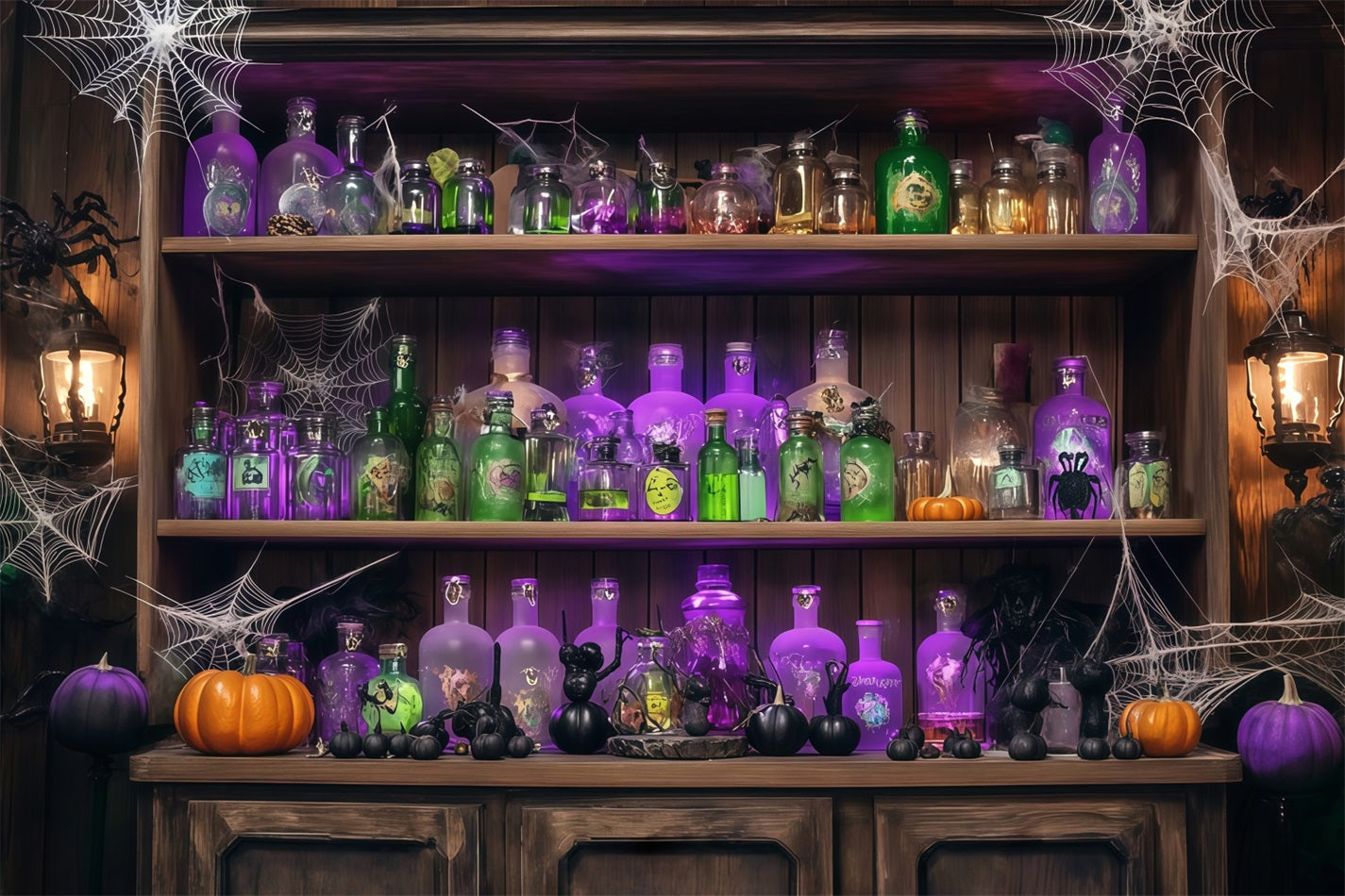 Fond De Photo Halloween Mur Bouteilles De Potions Et Toiles D’Araignées Étagère Bois TWW58-48