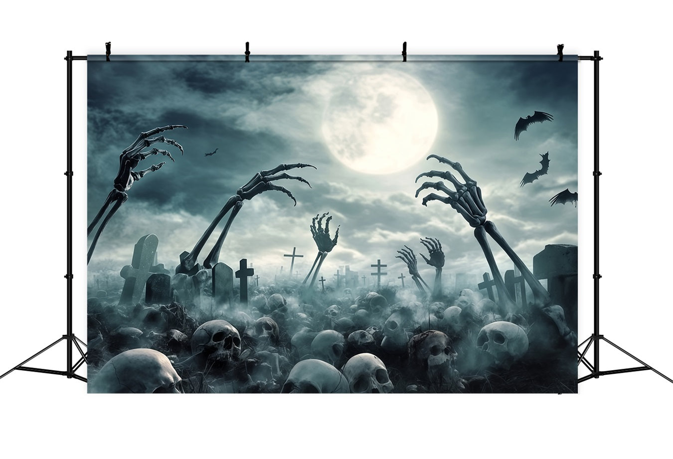 Toile Photo Halloween Porte De Garage Mains Squelettes Cimetière Et Pleine Lune Effrayants TWW58-49