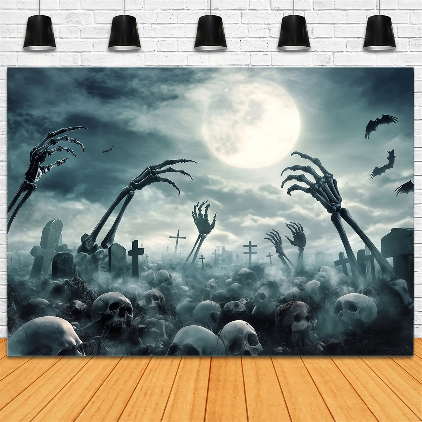 Toile Photo Halloween Porte De Garage Mains Squelettes Cimetière Et Pleine Lune Effrayants TWW58-49