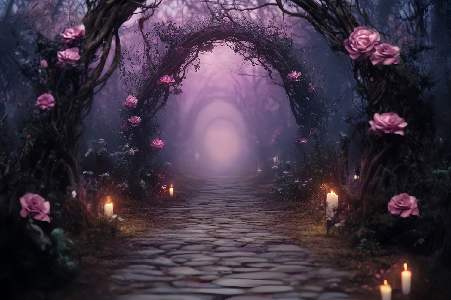 Toile De Fond Photo Halloween Allée De Roses Illuminées Aux Bougies Enchantées TWW58-5