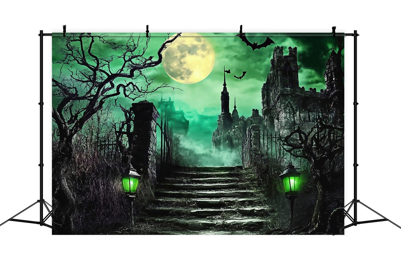 Toile Halloween Cimetière Escalier Château Hanté Sous Lune Verte TWW58-52