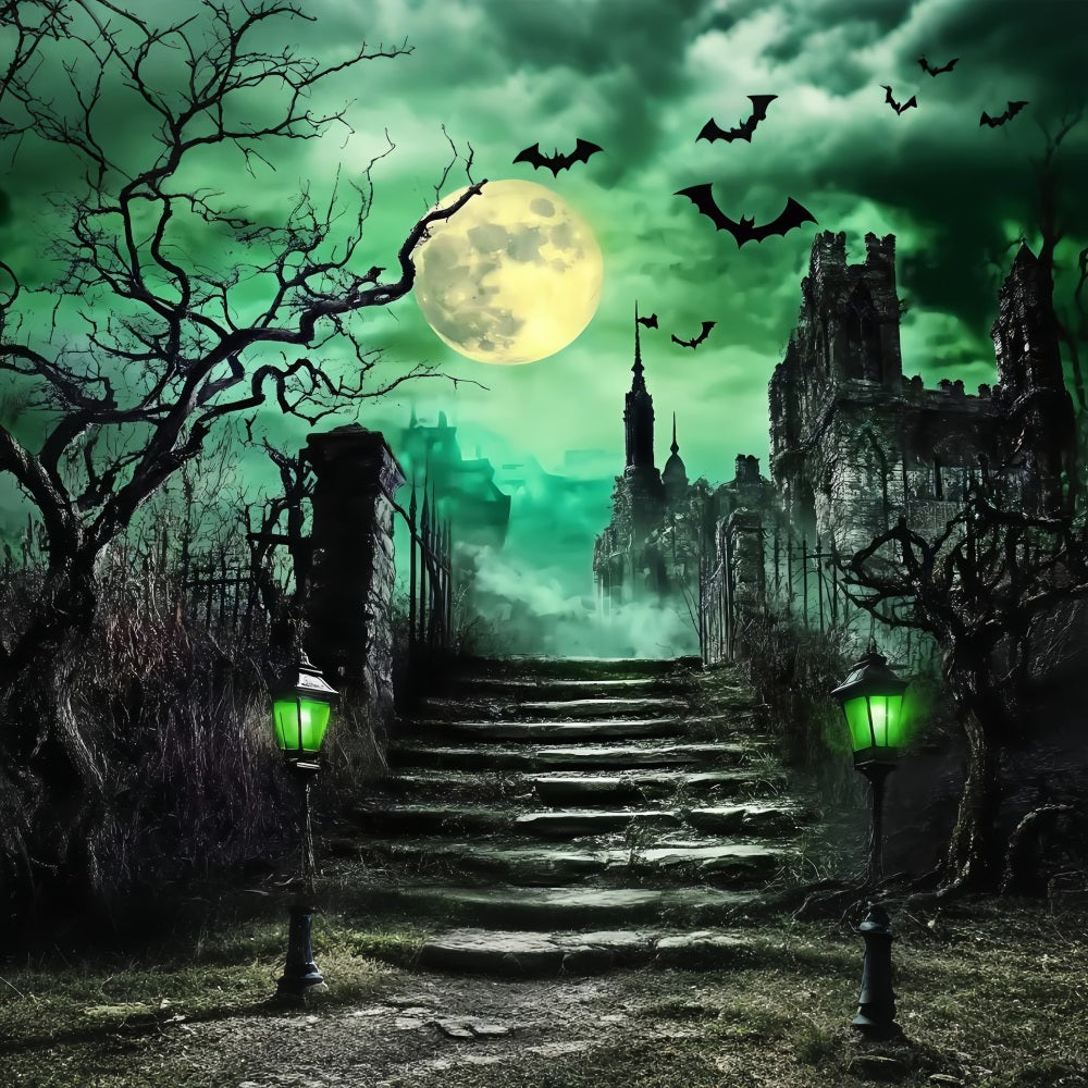 Toile Halloween Cimetière Escalier Château Hanté Sous Lune Verte TWW58-52