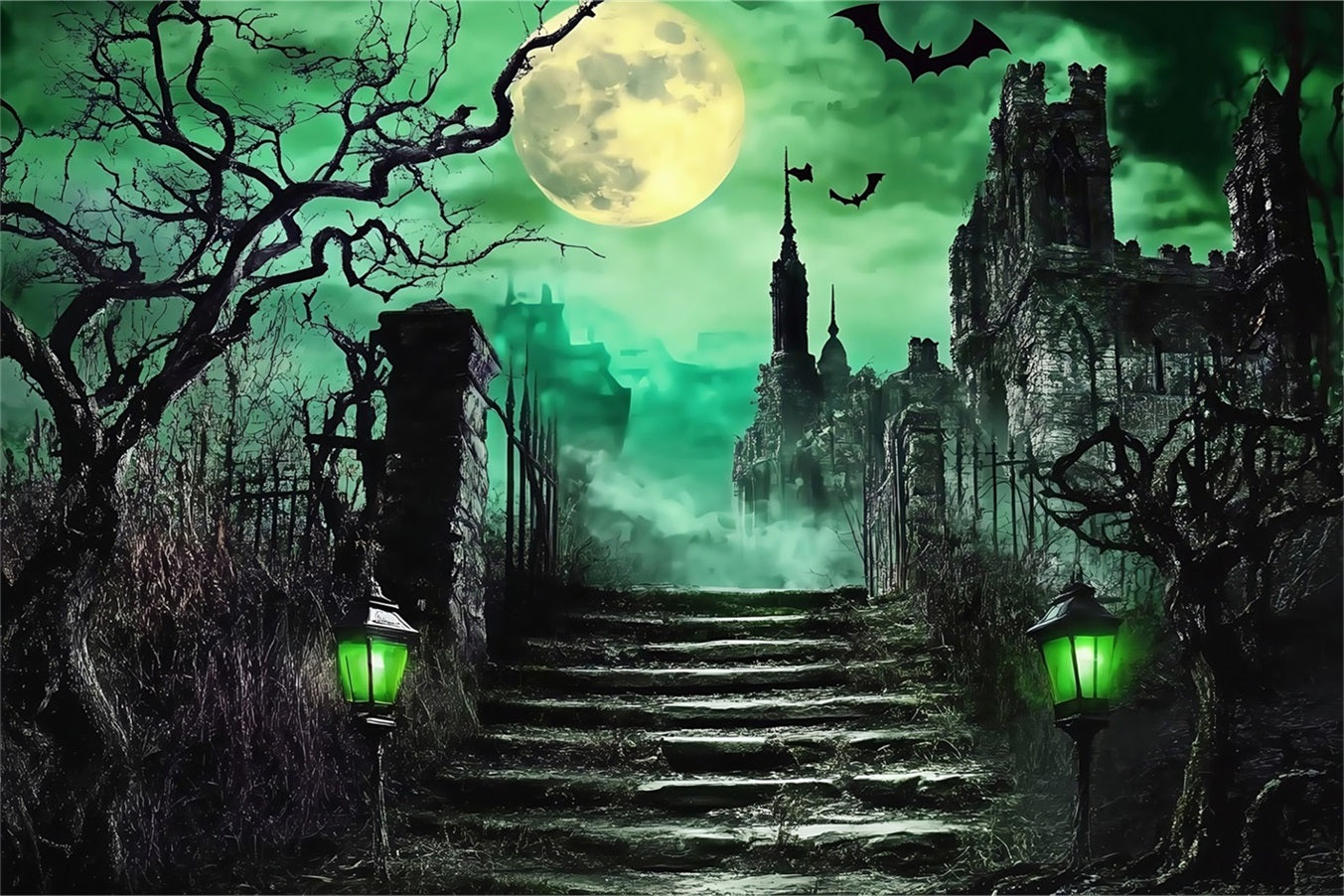 Toile Halloween Cimetière Escalier Château Hanté Sous Lune Verte TWW58-52