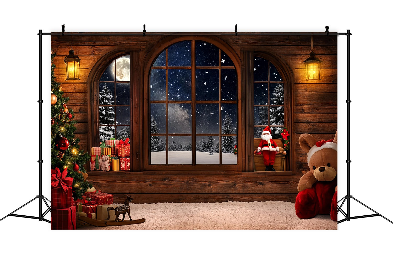 Toile de fond Noël Père Noël Cabane Chaleureuse Fenêtre et Cadeaux TWW58-53