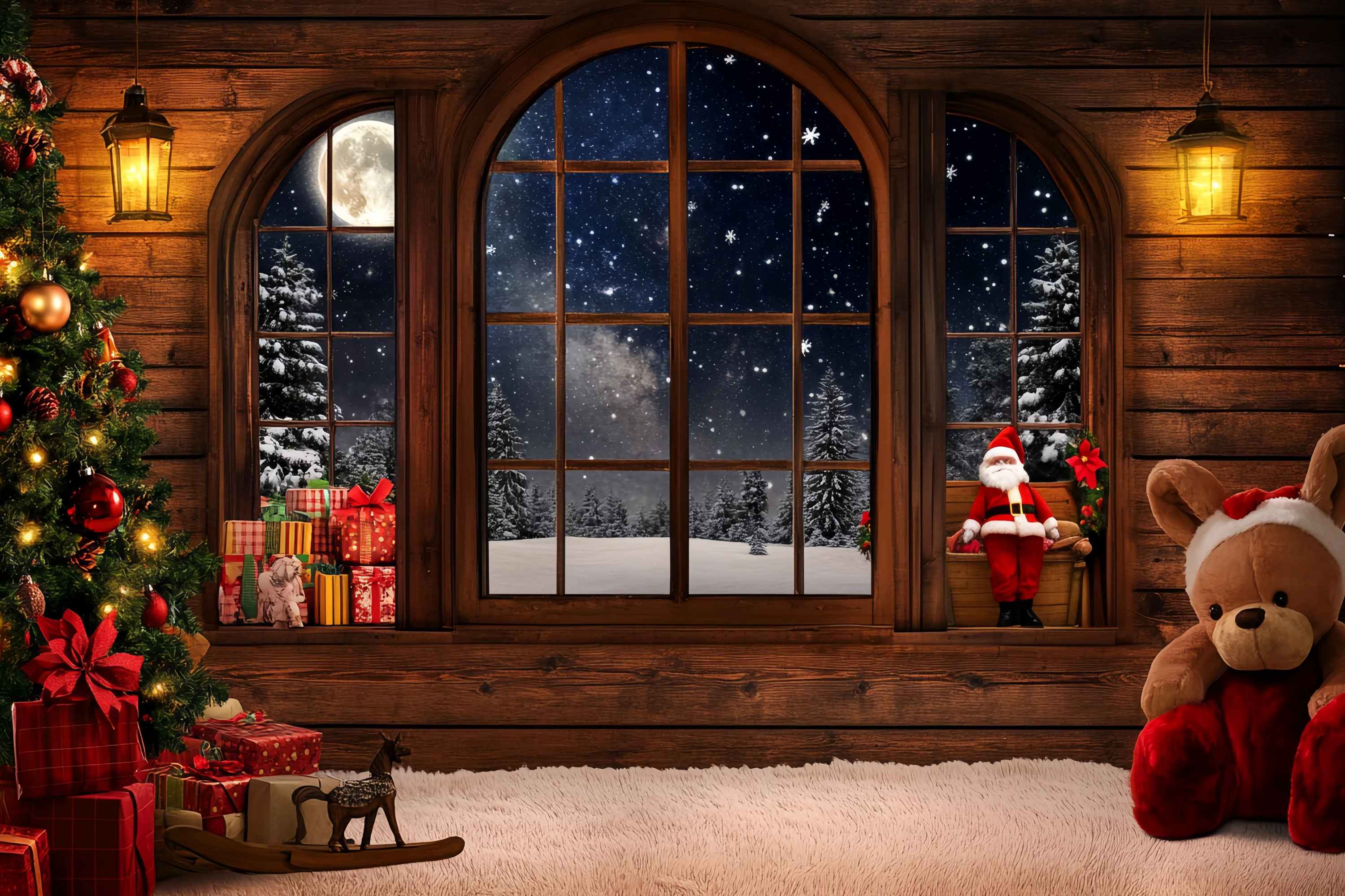 Toile de fond Noël Père Noël Cabane Chaleureuse Fenêtre et Cadeaux TWW58-53