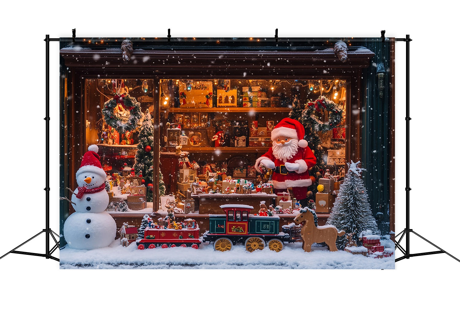 Toile de fond photo Noël Atelier du Père Noël Boutique de Jouets Enneigée Train TWW58-55