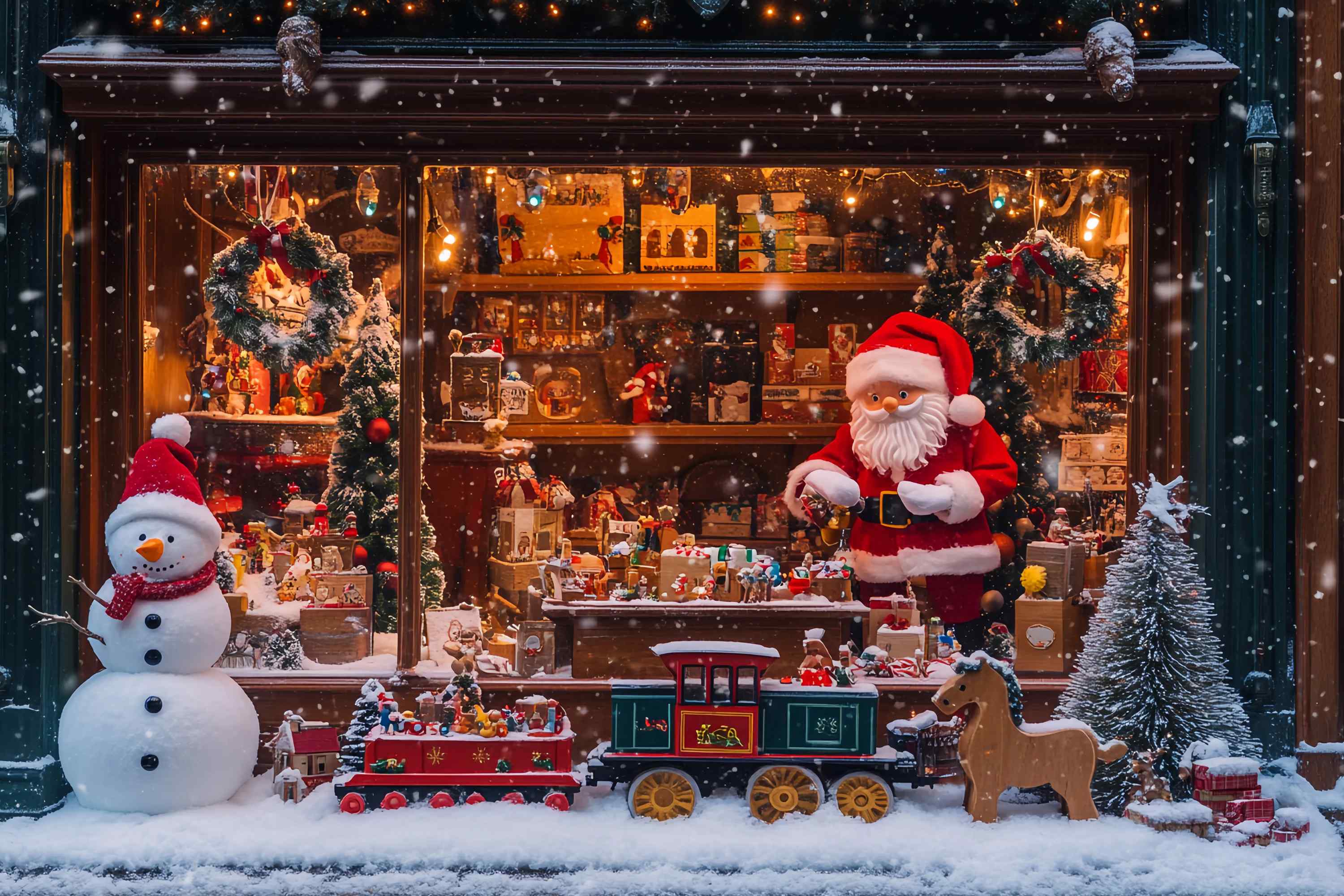 Toile de fond photo Noël Atelier du Père Noël Boutique de Jouets Enneigée Train TWW58-55