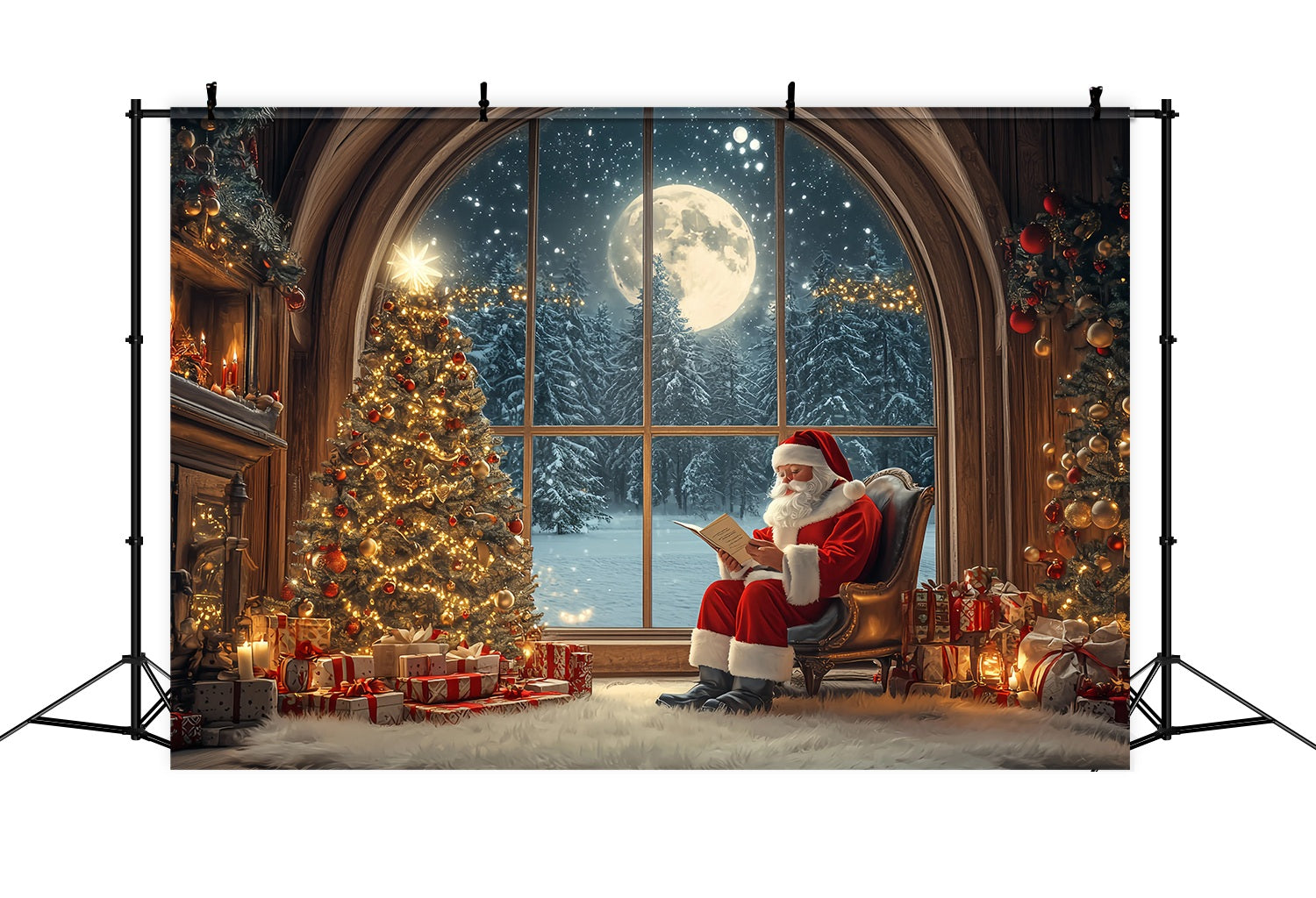 Toile de fond photo Noël Père Noël Lisant Sapin de Noël au Clair de Lune TWW58-56