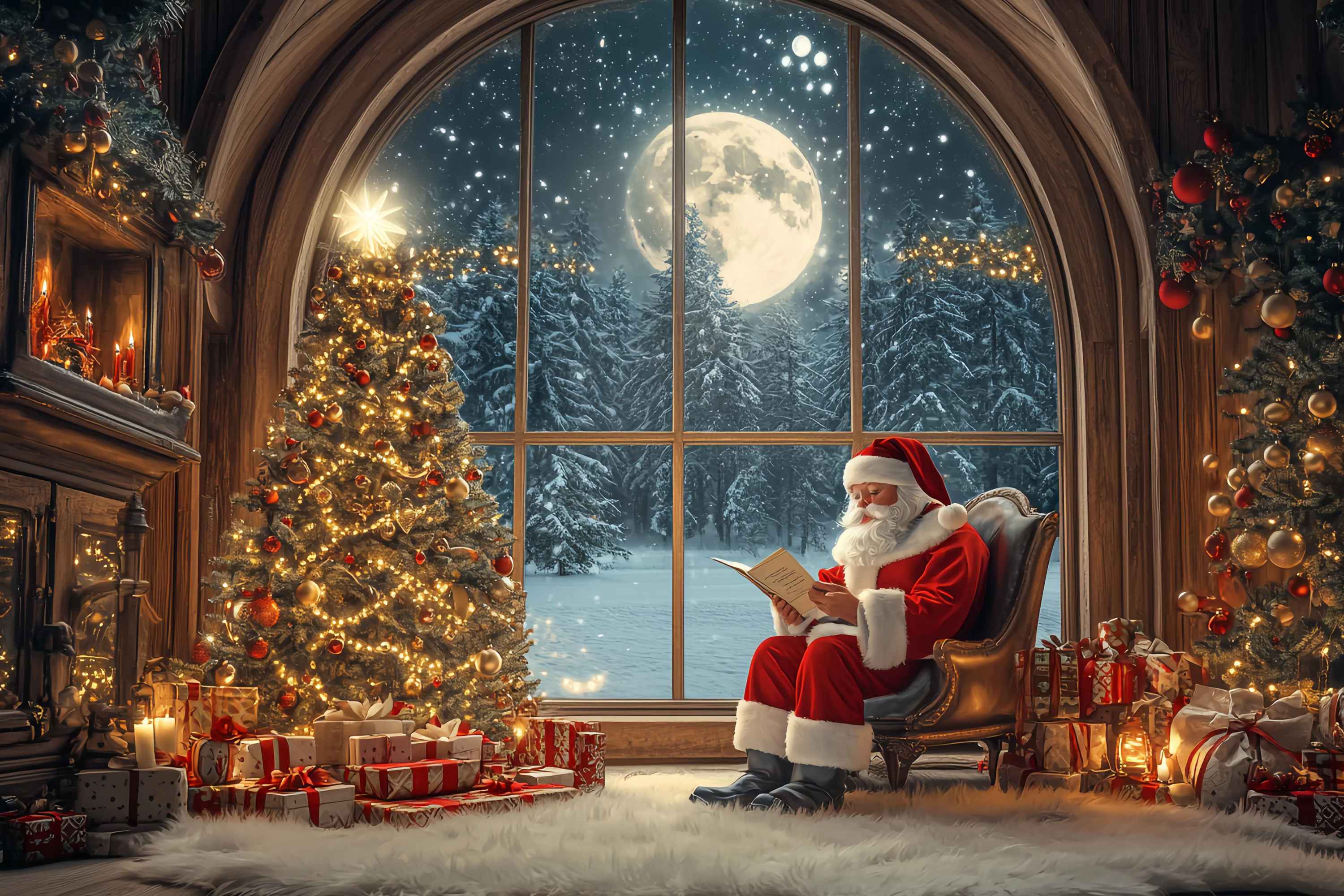 Toile de fond photo Noël Père Noël Lisant Sapin de Noël au Clair de Lune TWW58-56