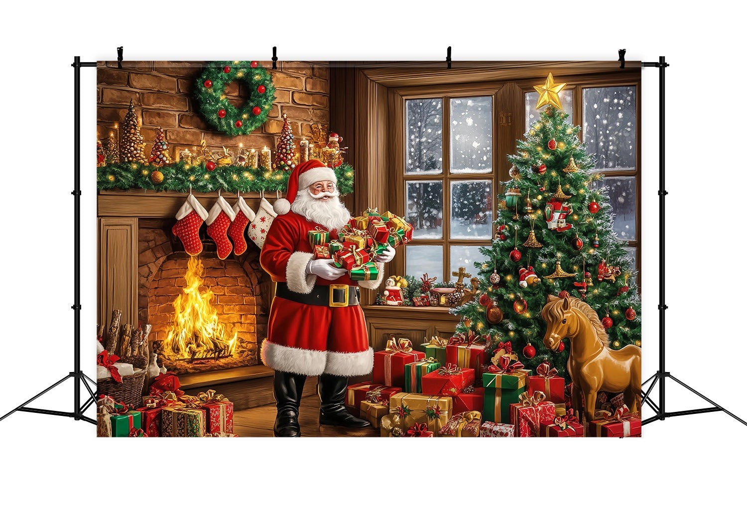 Toile de fond photo Noël Père Noël Cheminée Pile de Cadeaux TWW58-57