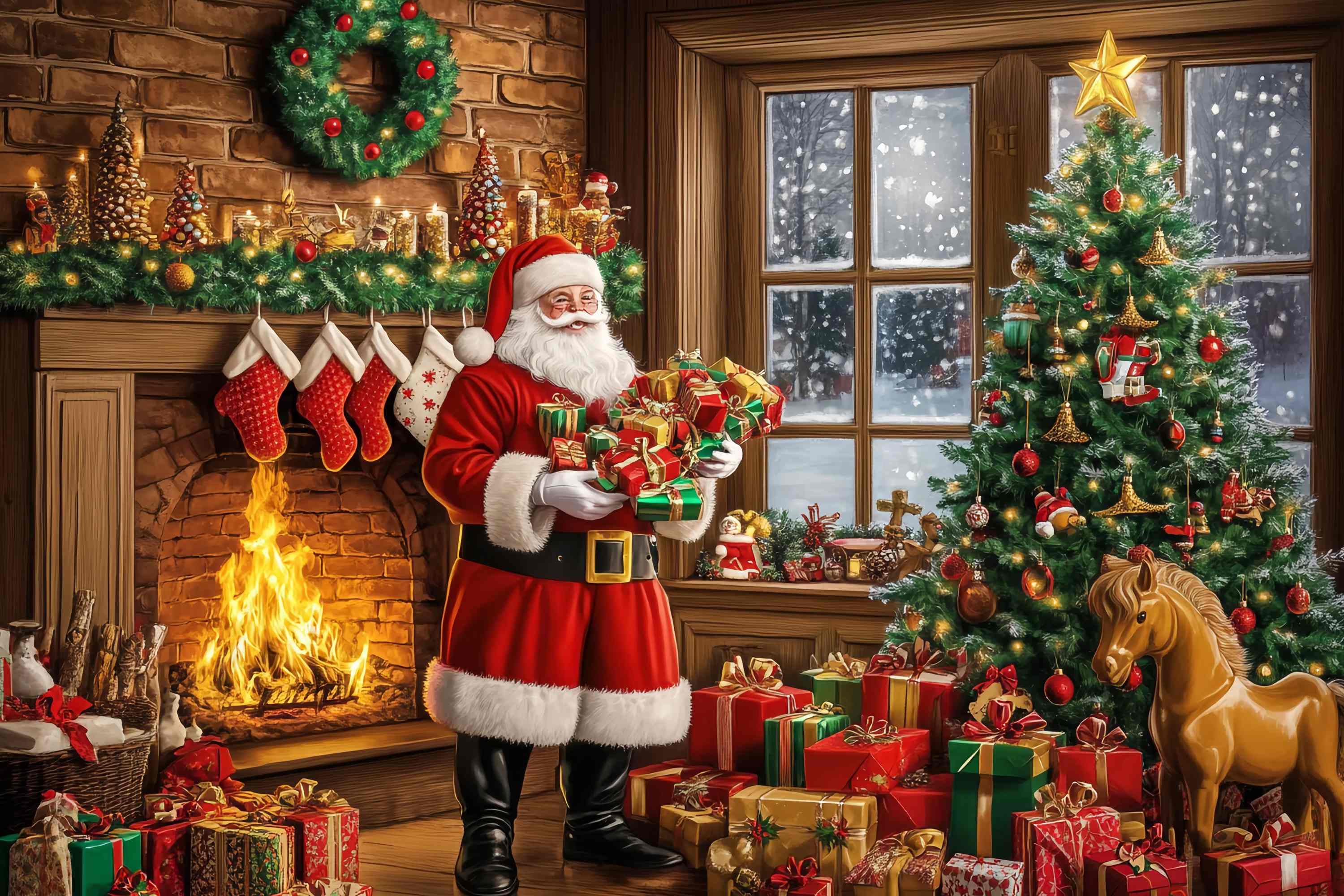 Toile de fond photo Noël Père Noël Cheminée Pile de Cadeaux TWW58-57