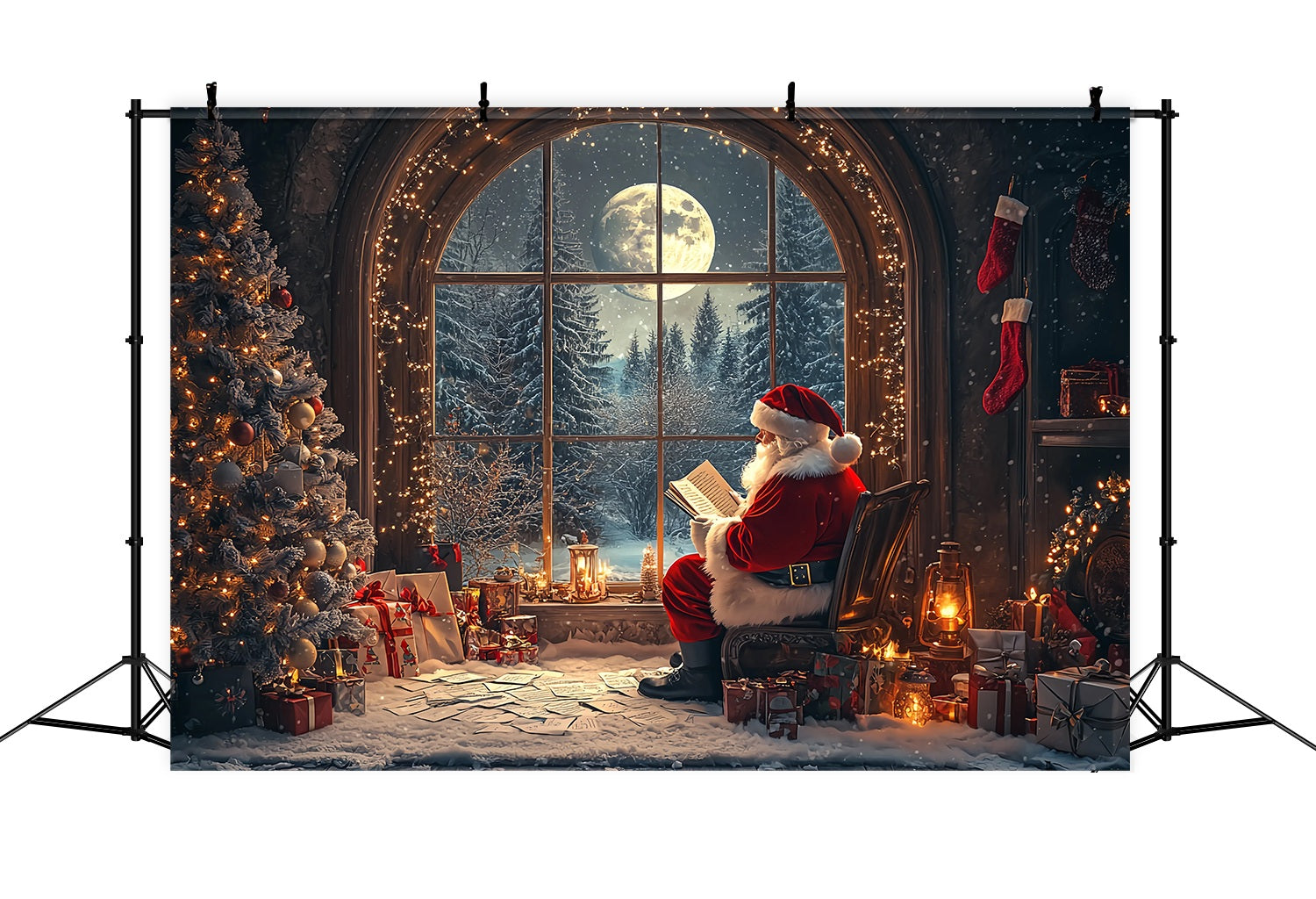 Toile de fond Noël Père Noël Fenêtre au Clair de Lune Lecture TWW58-58