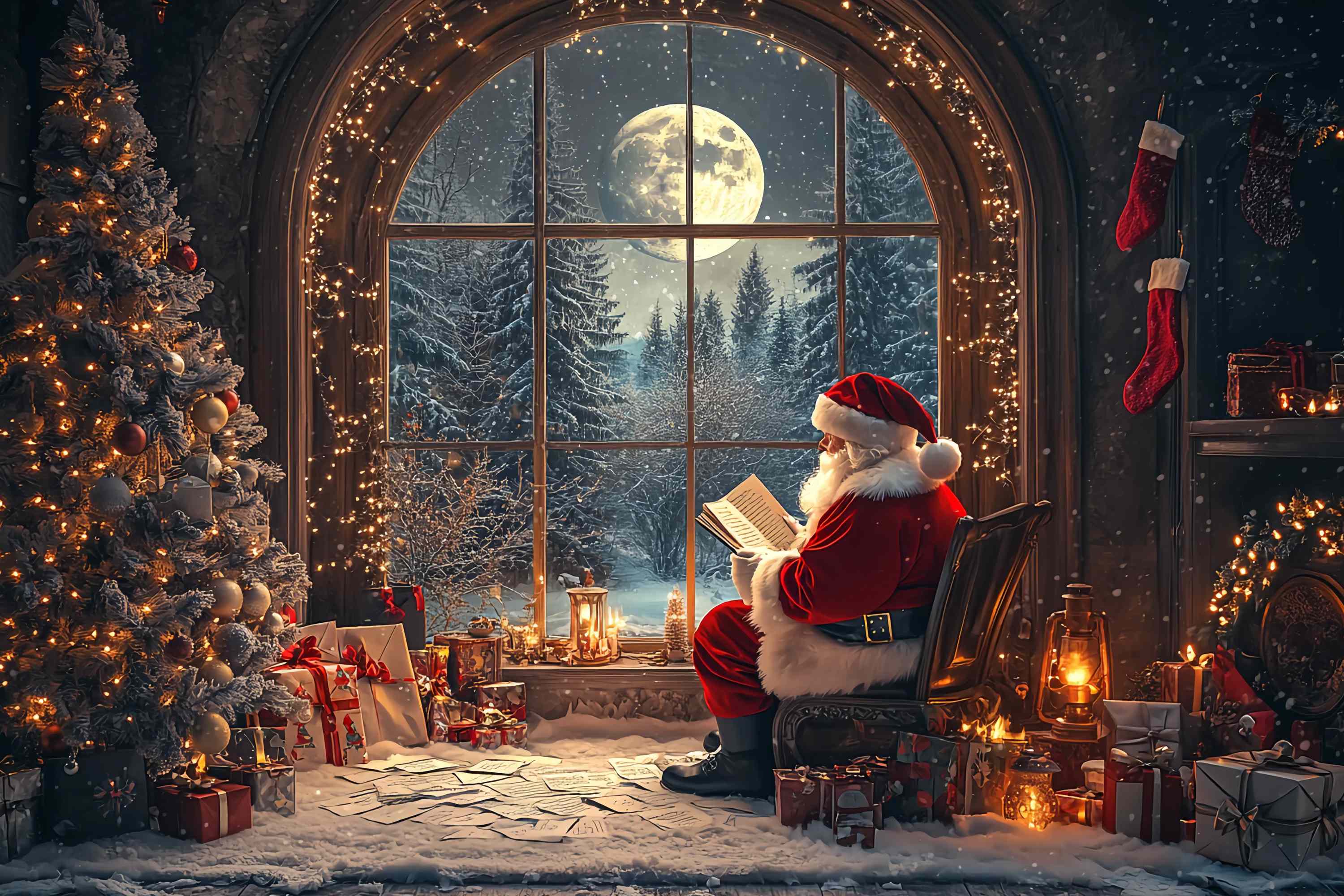 Toile de fond Noël Père Noël Fenêtre au Clair de Lune Lecture TWW58-58