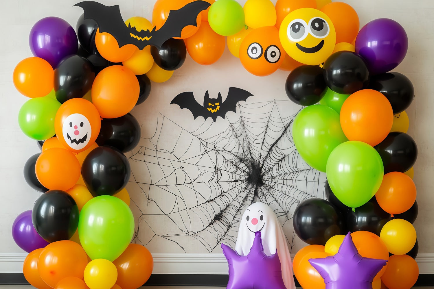 Fond De Photo Halloween Mur Arche De Ballons Colorés Avec Chauves-Souris Et Fantômes TWW58-6