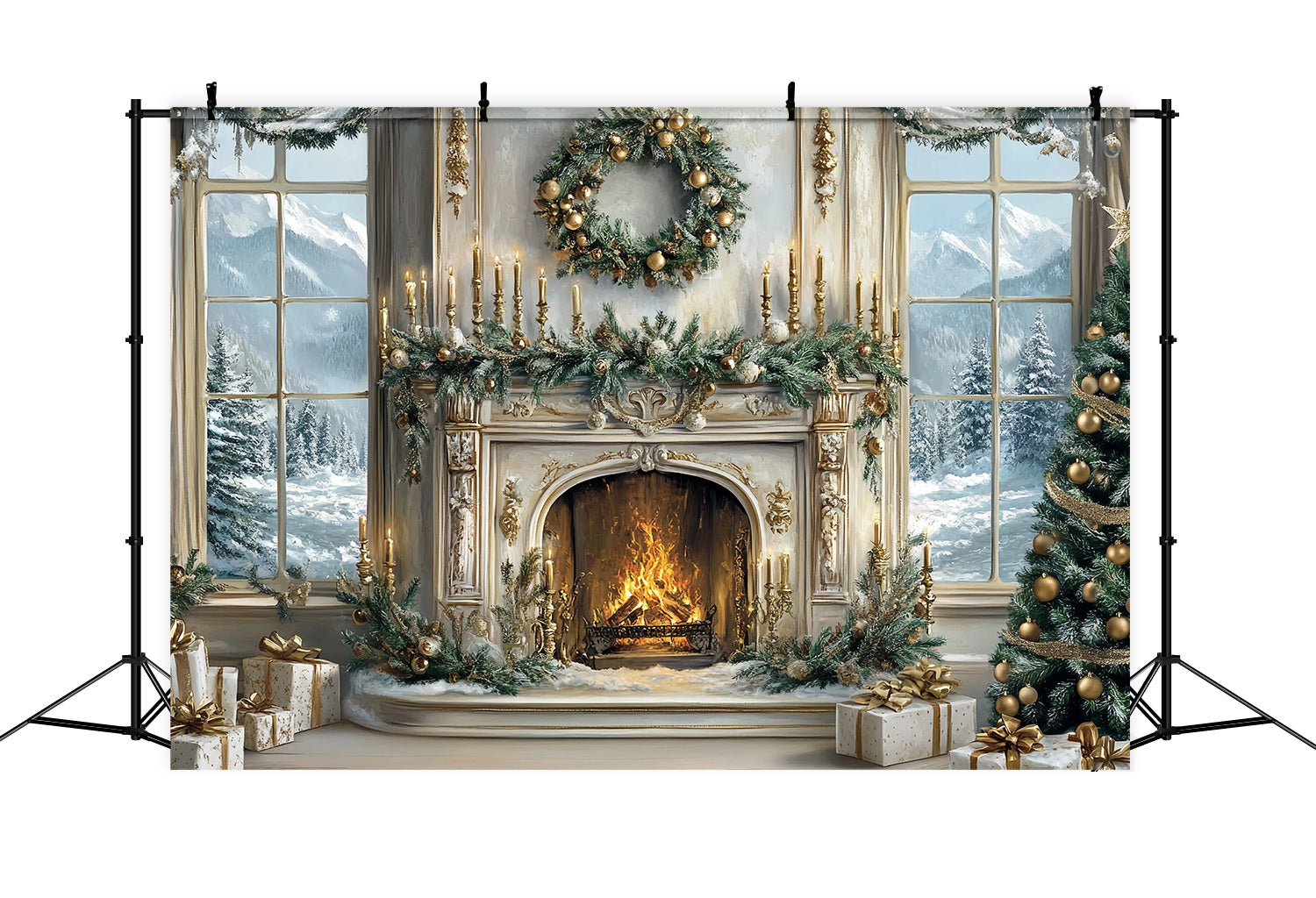 Toile de fond photo Noël Élégante Cheminée Blanche et Dorée Sapin TWW58-60