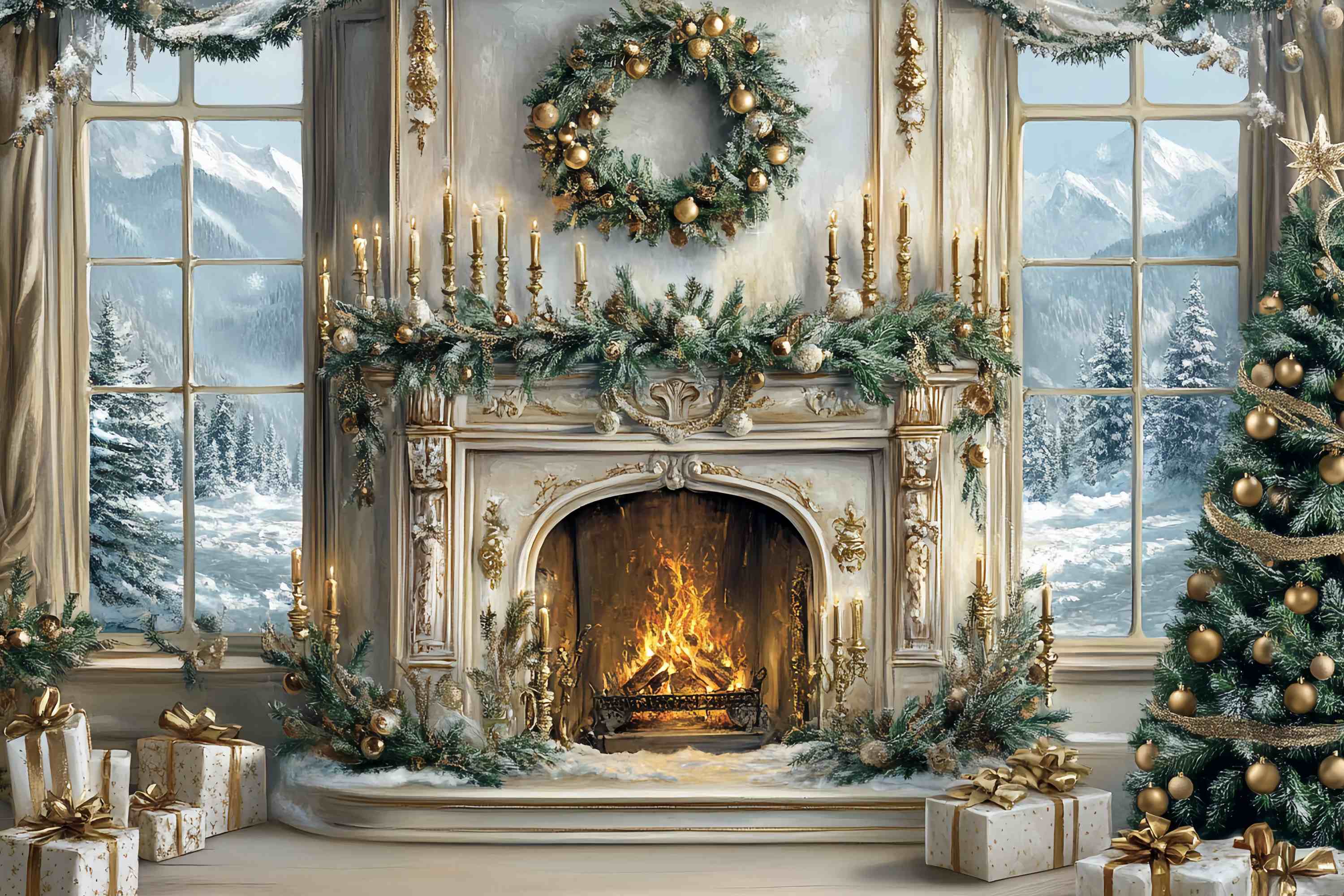 Toile de fond photo Noël Élégante Cheminée Blanche et Dorée Sapin TWW58-60