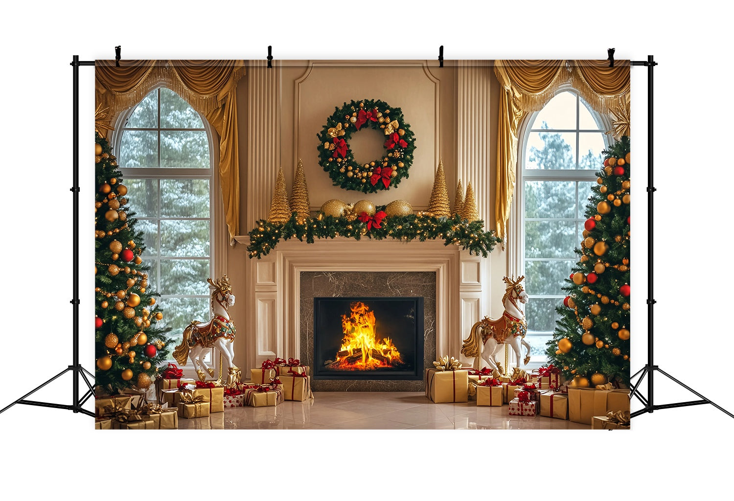 Toile de fond photo Noël Cheminée Dorée Couronne et Sapins Cadeaux TWW58-61