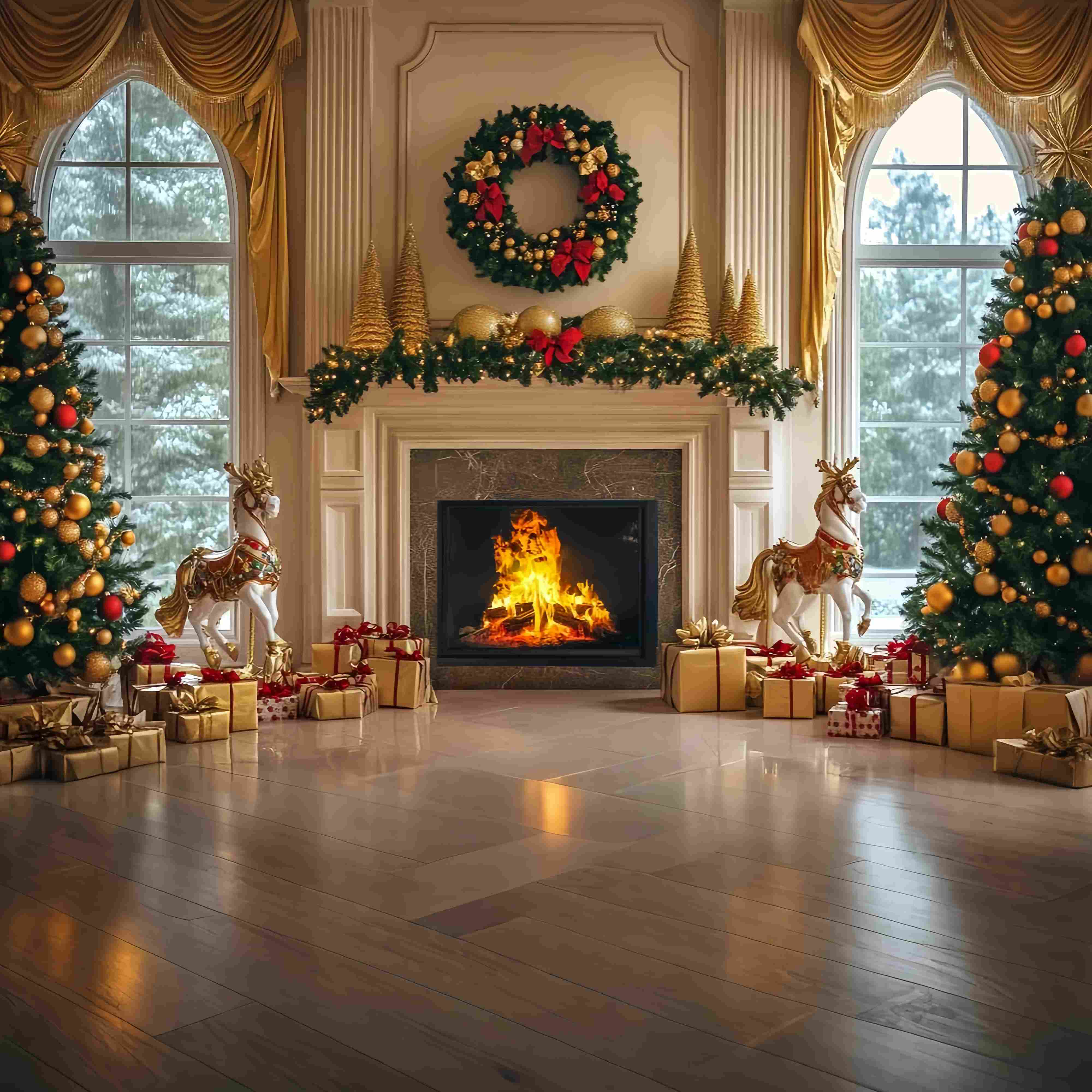 Toile de fond photo Noël Cheminée Dorée Couronne et Sapins Cadeaux TWW58-61