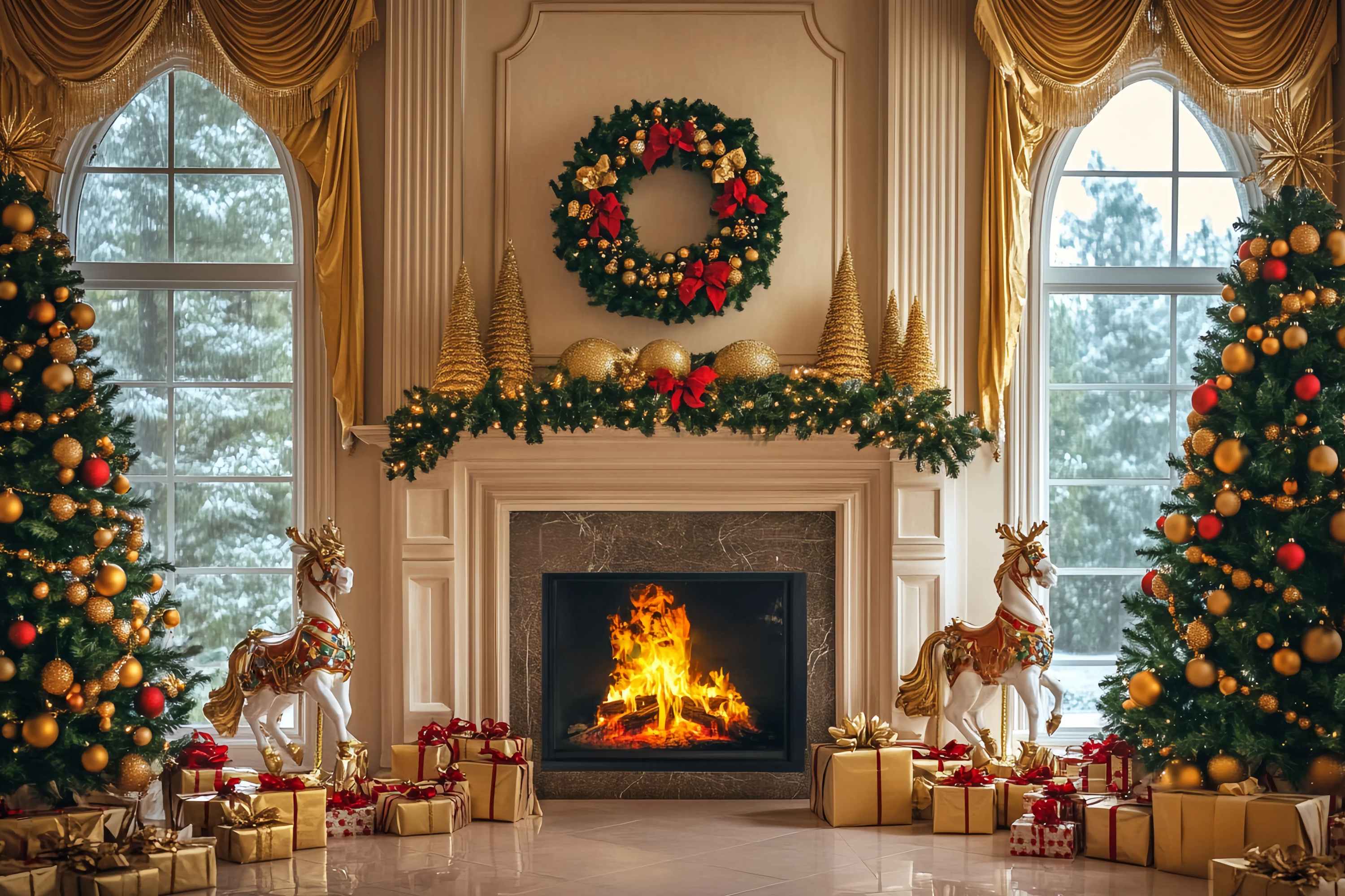 Toile de fond photo Noël Cheminée Dorée Couronne et Sapins Cadeaux TWW58-61
