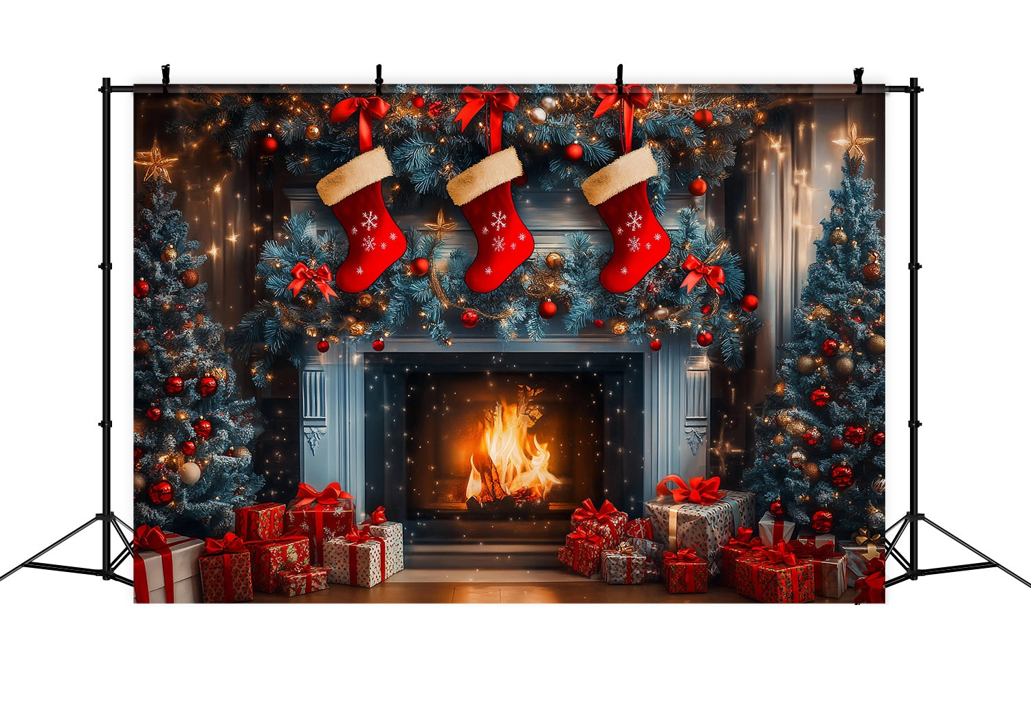Toile de fond Noël Cheminée Guirlande CMaisonsettes Sapins de Pin Bleus TWW58-62