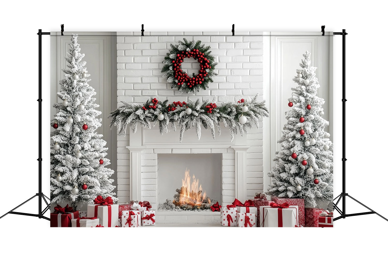 Toile de fond photo Noël Cheminée Brique Blanche Sapins Enneigés TWW58-63
